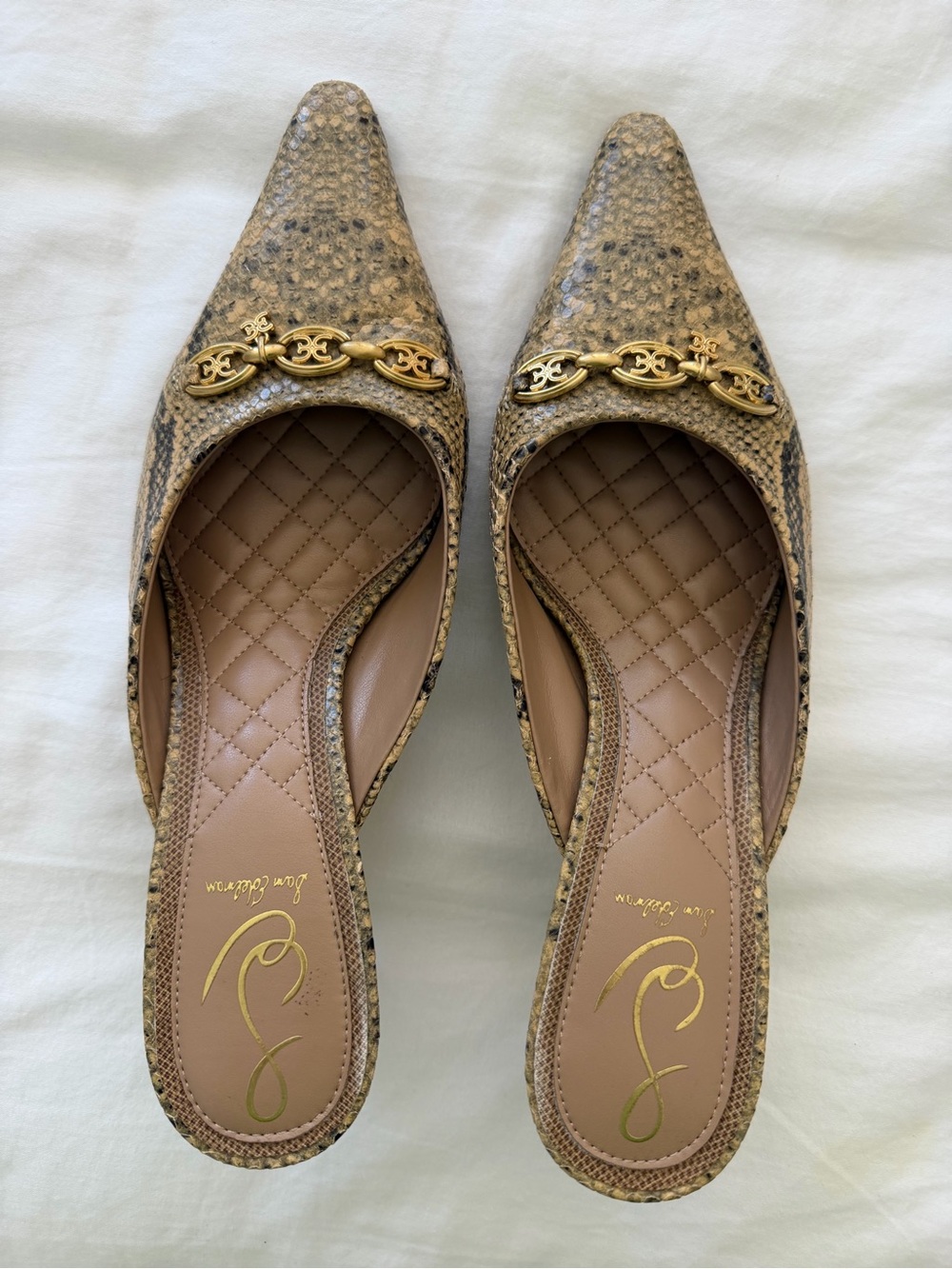 Same Edelman Leather-Trim Snakeskin Pointed Toe Mules in Beige